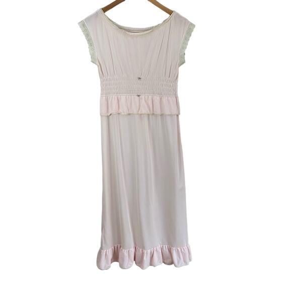 Her Majesty Other - Vintage Her Majesty Blush Pink Smocked Ruffle Nightgown Satin Slip Chemise
